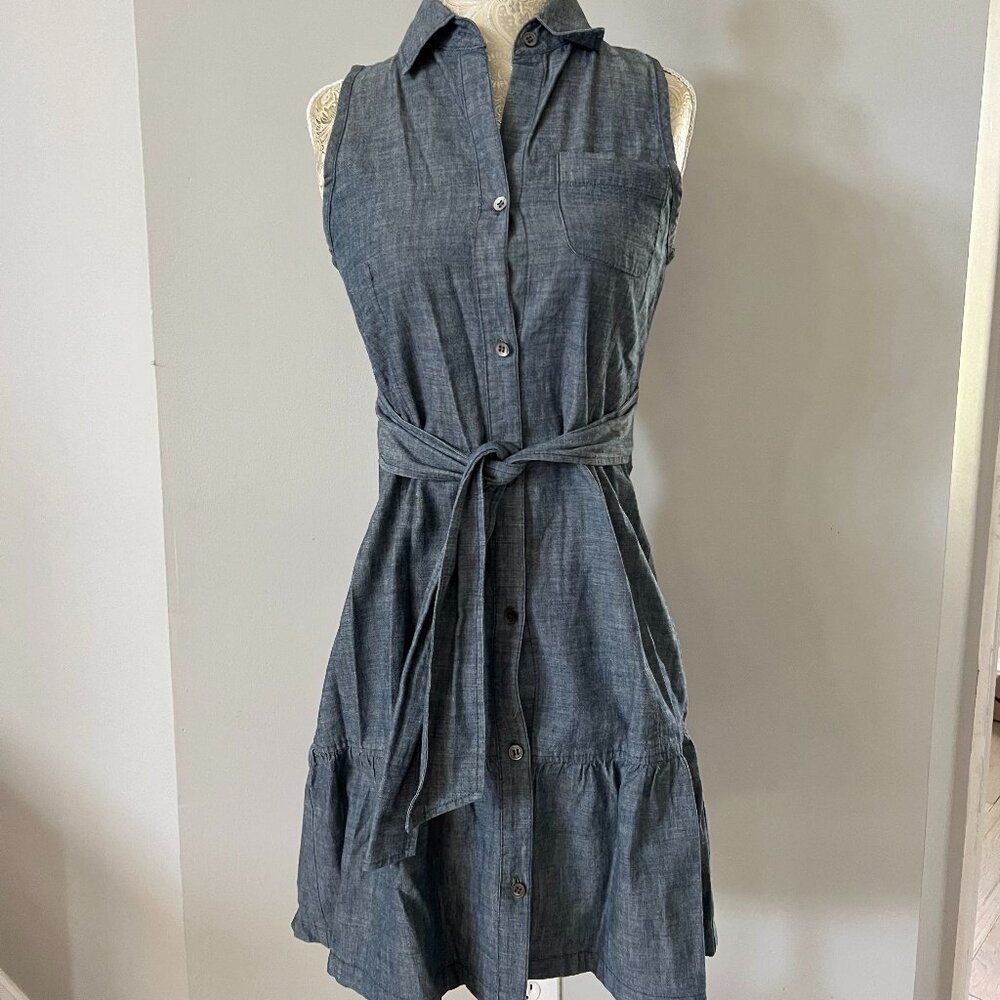 Theory Sleeveless Gray Chambray Button Down Ruffle Shirt Dress Size 0